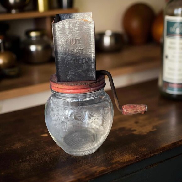 Vintage Nut Meat Chopper Jar – Hand-Crank Tin Hopper on Hazel-Atlas Glass 1930s - Picture 2 of 9